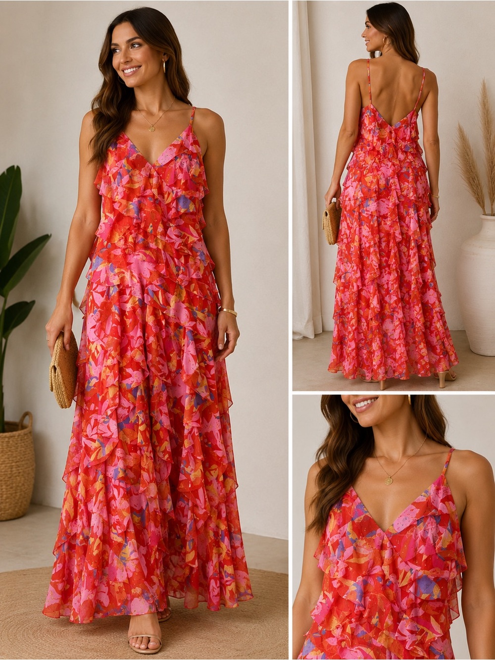 Eliza J Floral Ruffle Maxi Dress Pink Orange Size 2 NWT